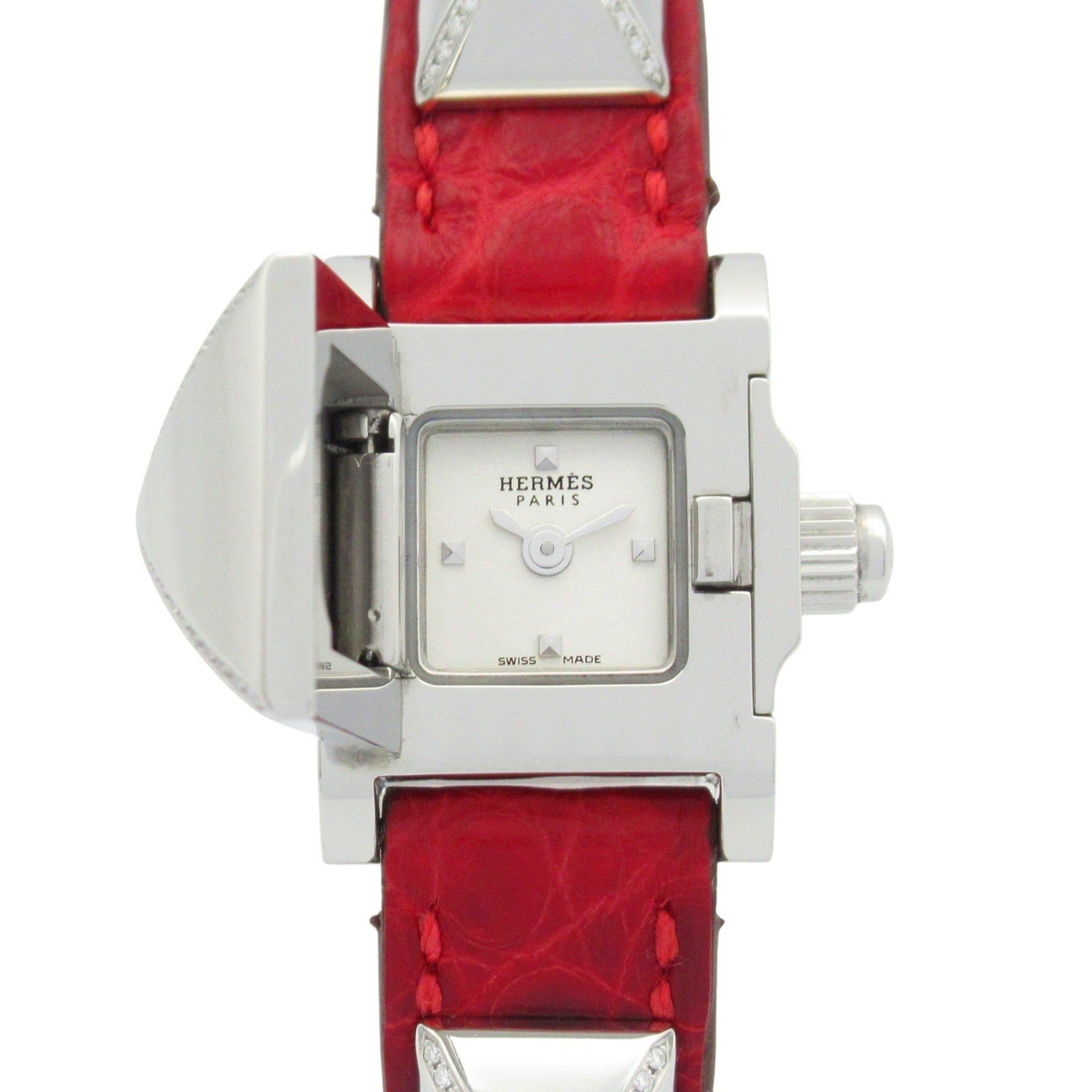 HermÃ¨s Mini Medor Watch, Stainless Steel with Diamonds and Leather Strap, Silver, Women's, ME2.131