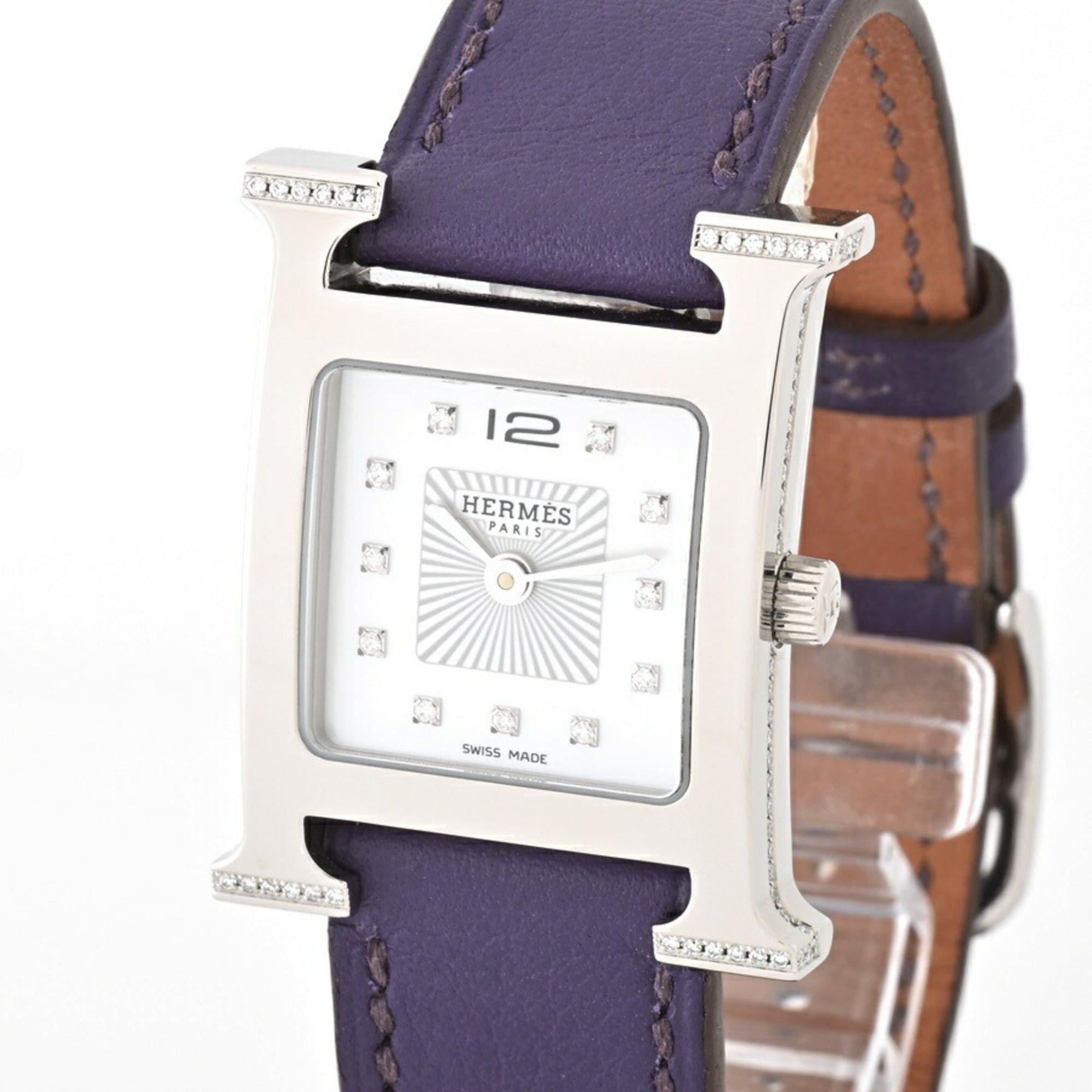 Hermes HERMES H Watch PM 25mm HH1.238 Shell White Quartz Wristwatch Lug and Case Side Diamonds E-156