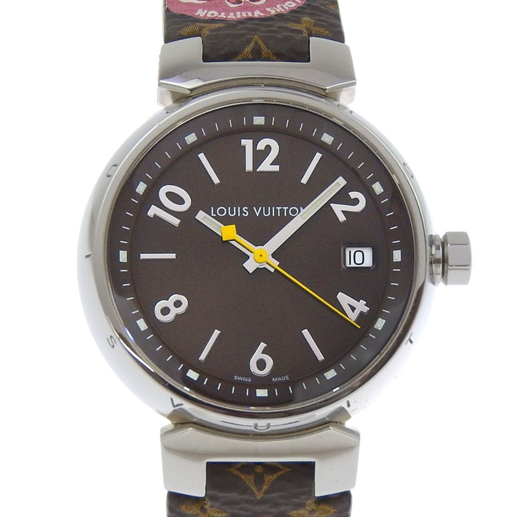 Louis Vuitton Tambour Watch Q1311, Stainless Steel and Leather Quartz Movement, Analog Display, Brow