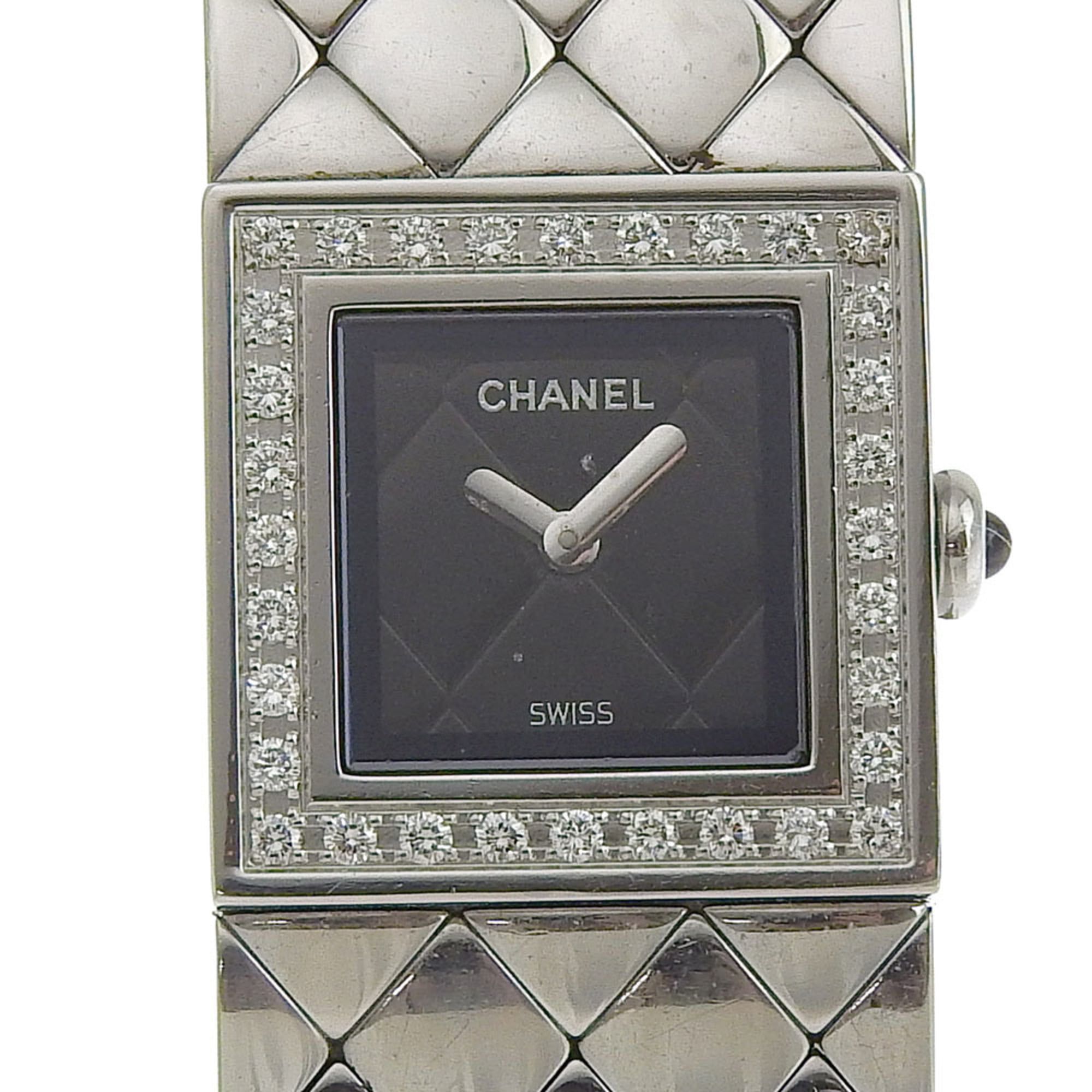 CHANEL Matelasse Watch Diamond Bezel H0489 Stainless Steel Quartz Analog Display Black Dial Women's
