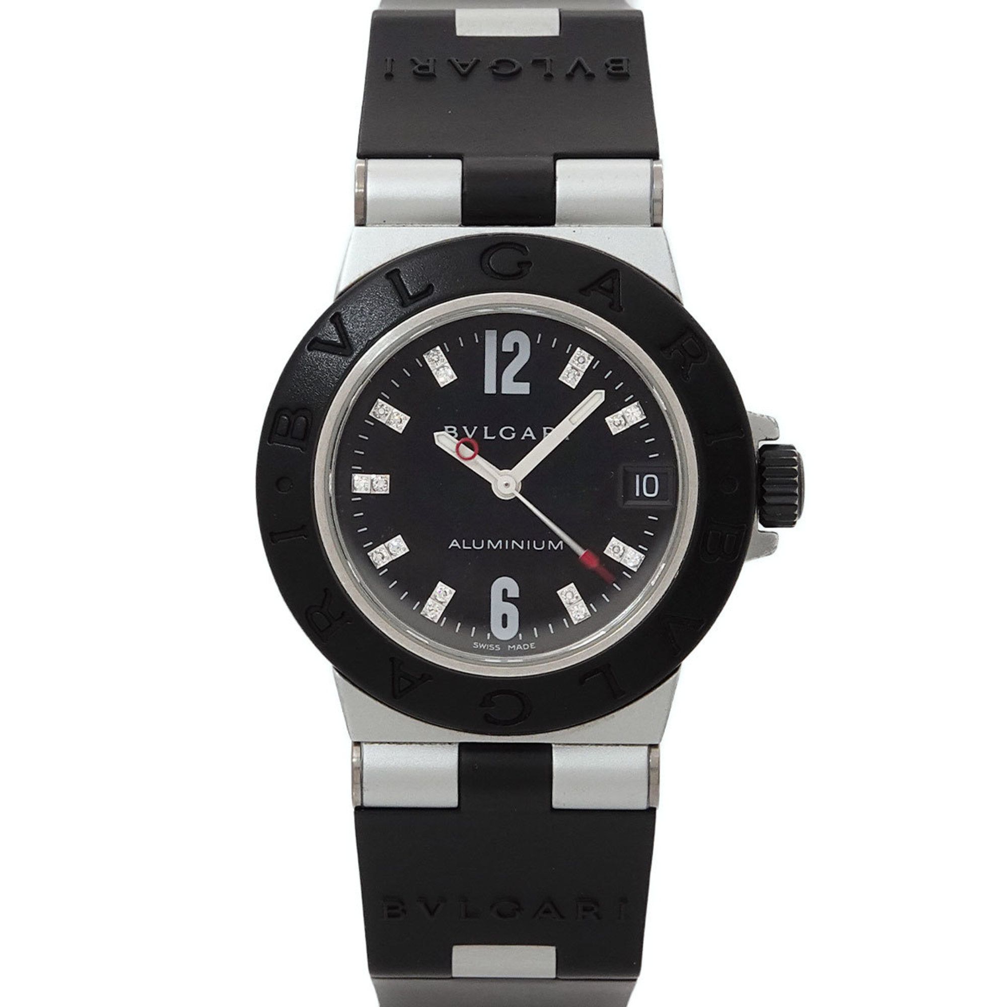 BVLGARI Aluminum AL32TA Women's Watch with 18 Diamonds, Date Display, Black Quartz Movement