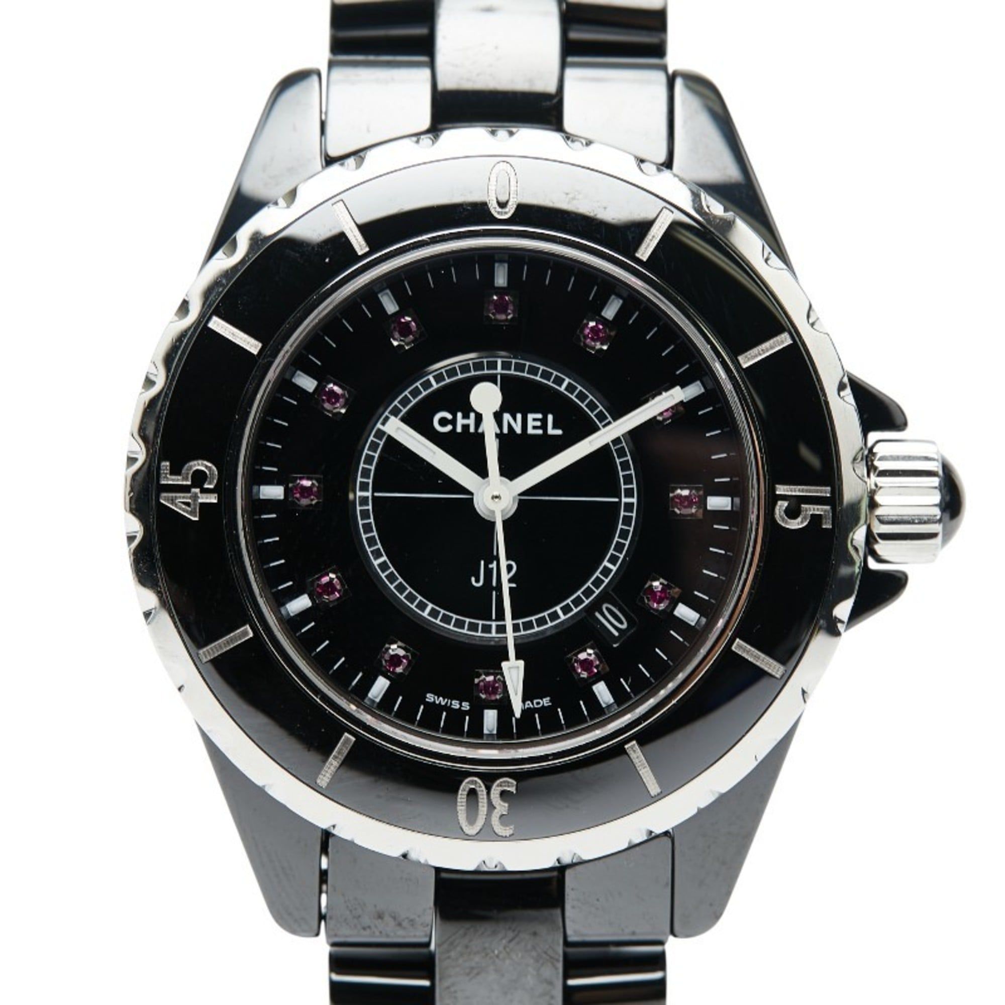CHANEL J12 33MM 12-Piece Ruby Watch H1634 Quartz Movement, Black Dial, Stainless Steel, Ceramic, Wom