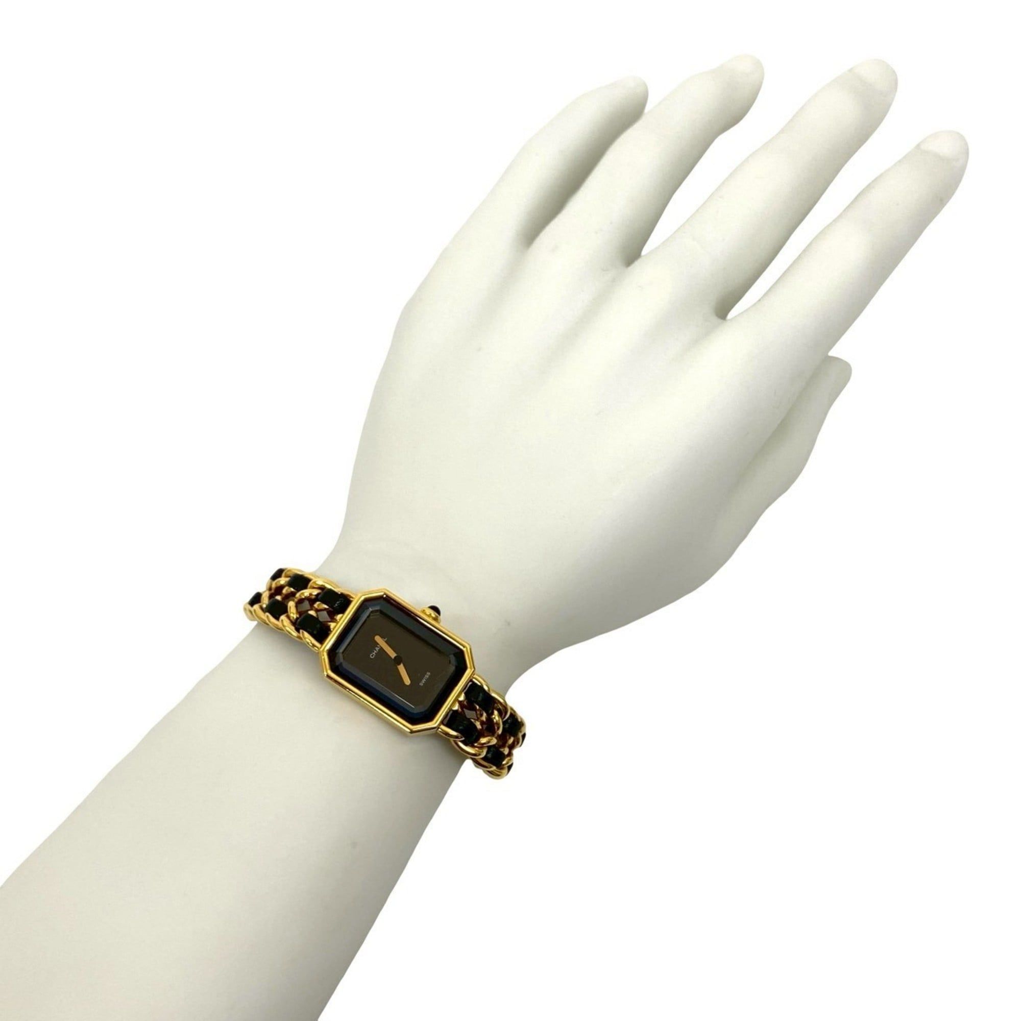 CHANEL Premiere M-size Quartz Stainless Steel Leather Wristwatch in Gold and Black (13480)