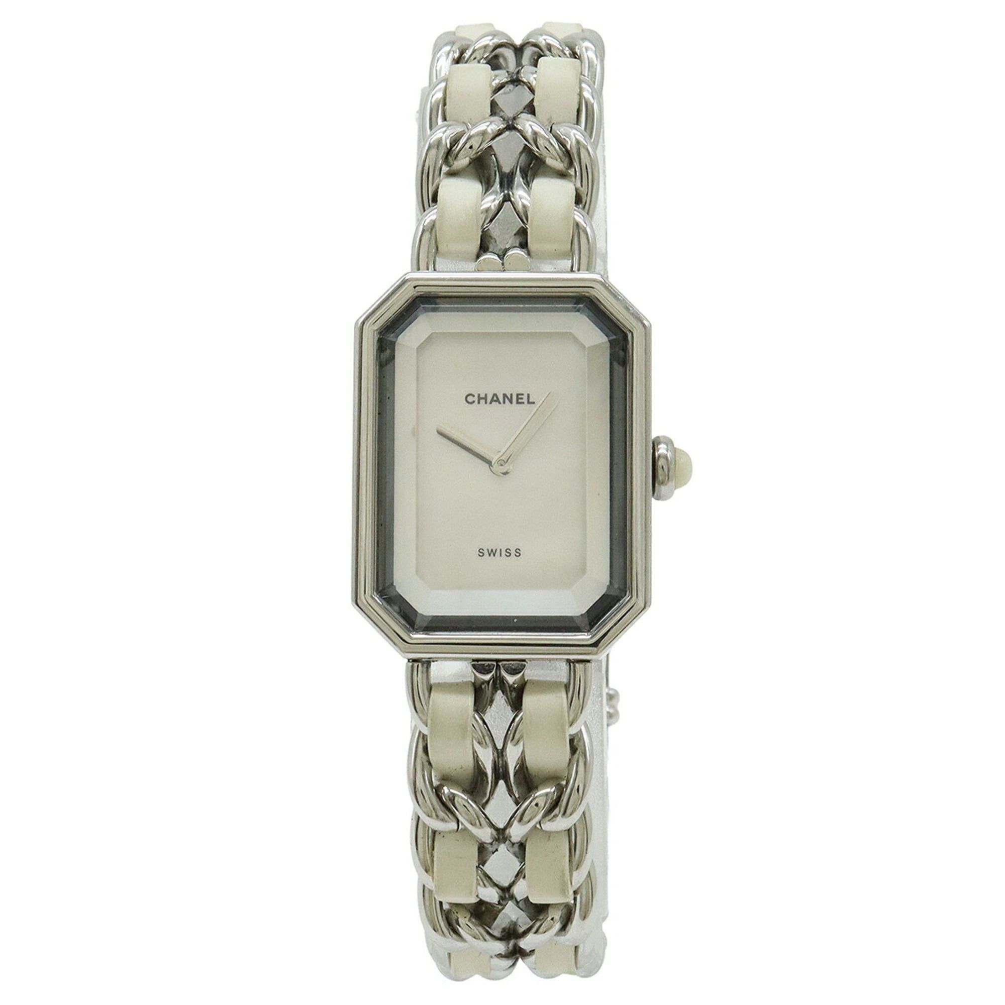 CHANEL Premiere White Shell Dial Large Stainless Steel Leather Women's Watch H1639