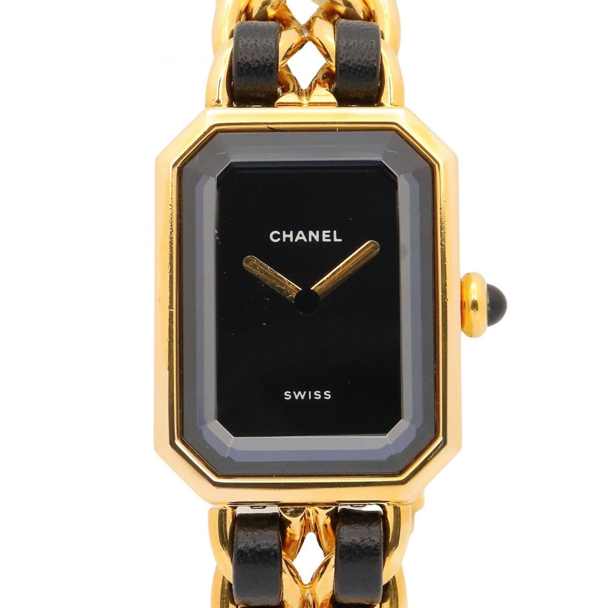 CHANEL Premiere M Watch, GP (Gold Plated), Leather Strap, Women's, Black, H0001