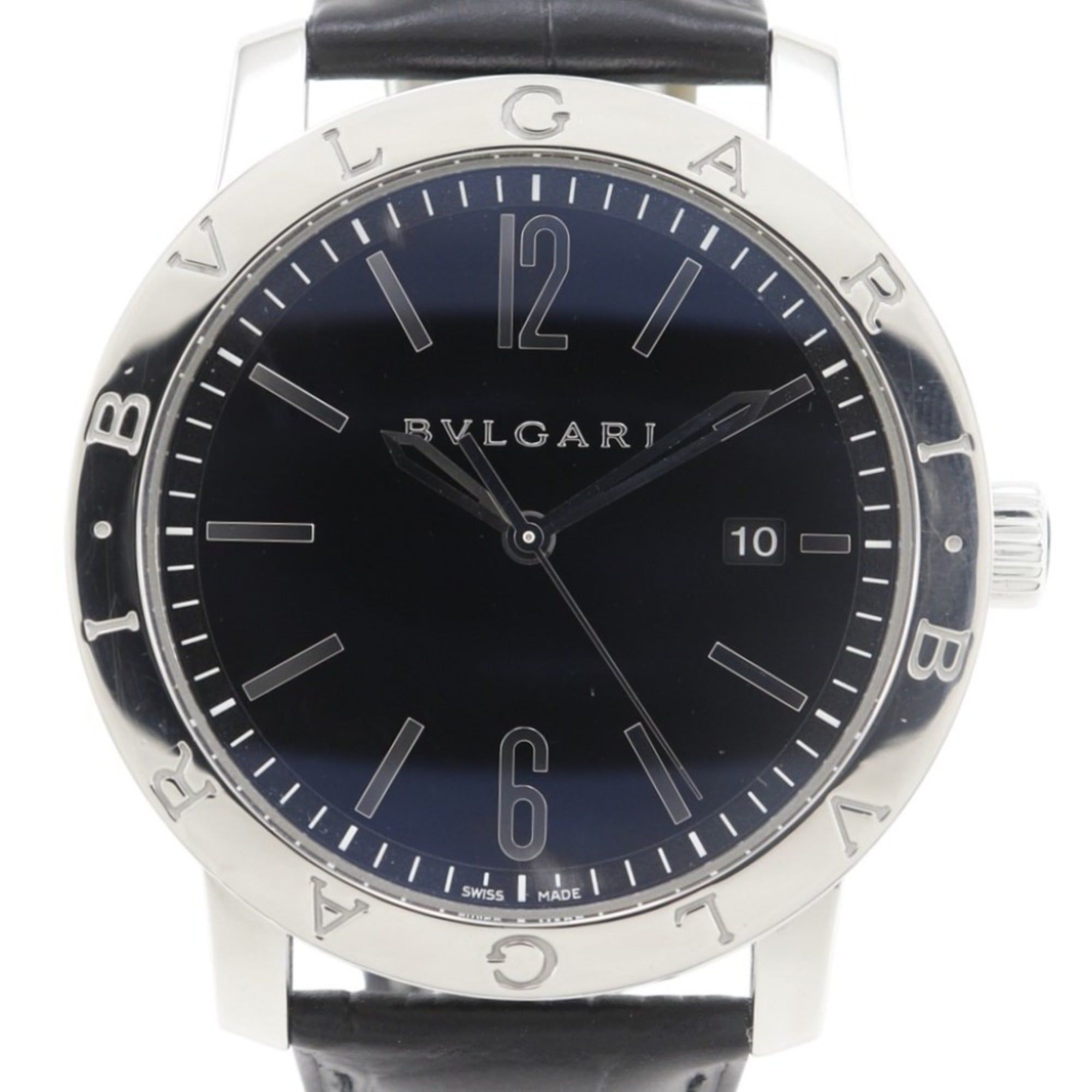 Bvlgari Watch BB41BSLD Stainless Steel and Leather Automatic Analog Display Black Dial Men's