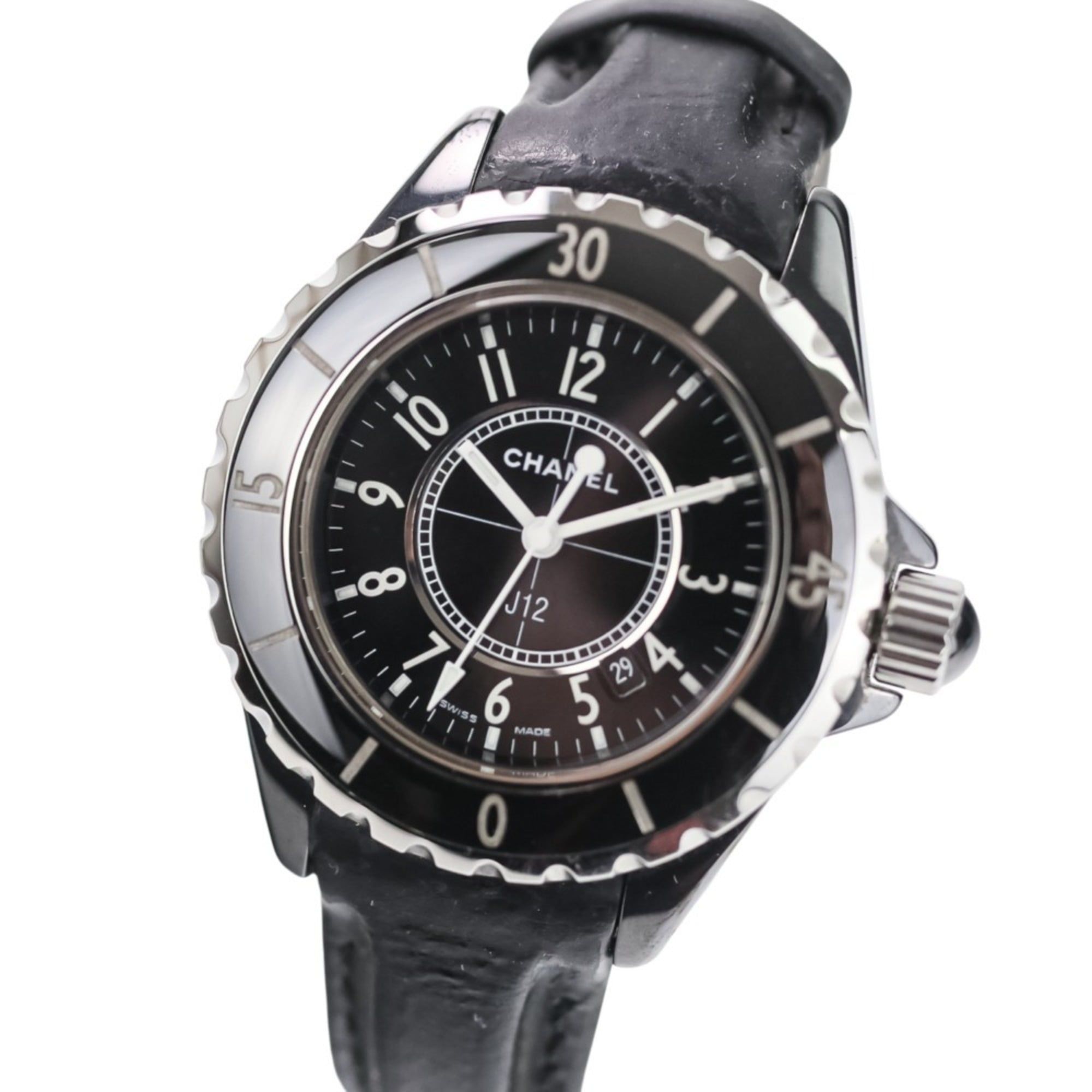 CHANEL J12 Ceramic Watch H0680 33mm Date Quartz Leather Strap Black Men's and Women's