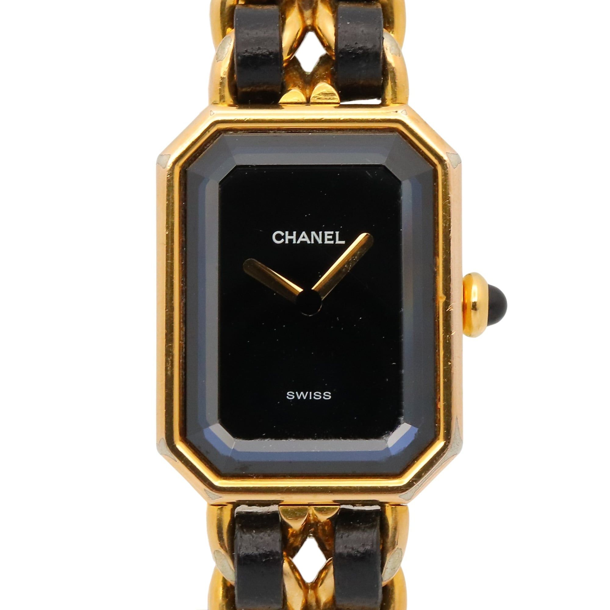 CHANEL Premiere L Watch, GP (Gold Plated), Leather, Women's, Black, H0001