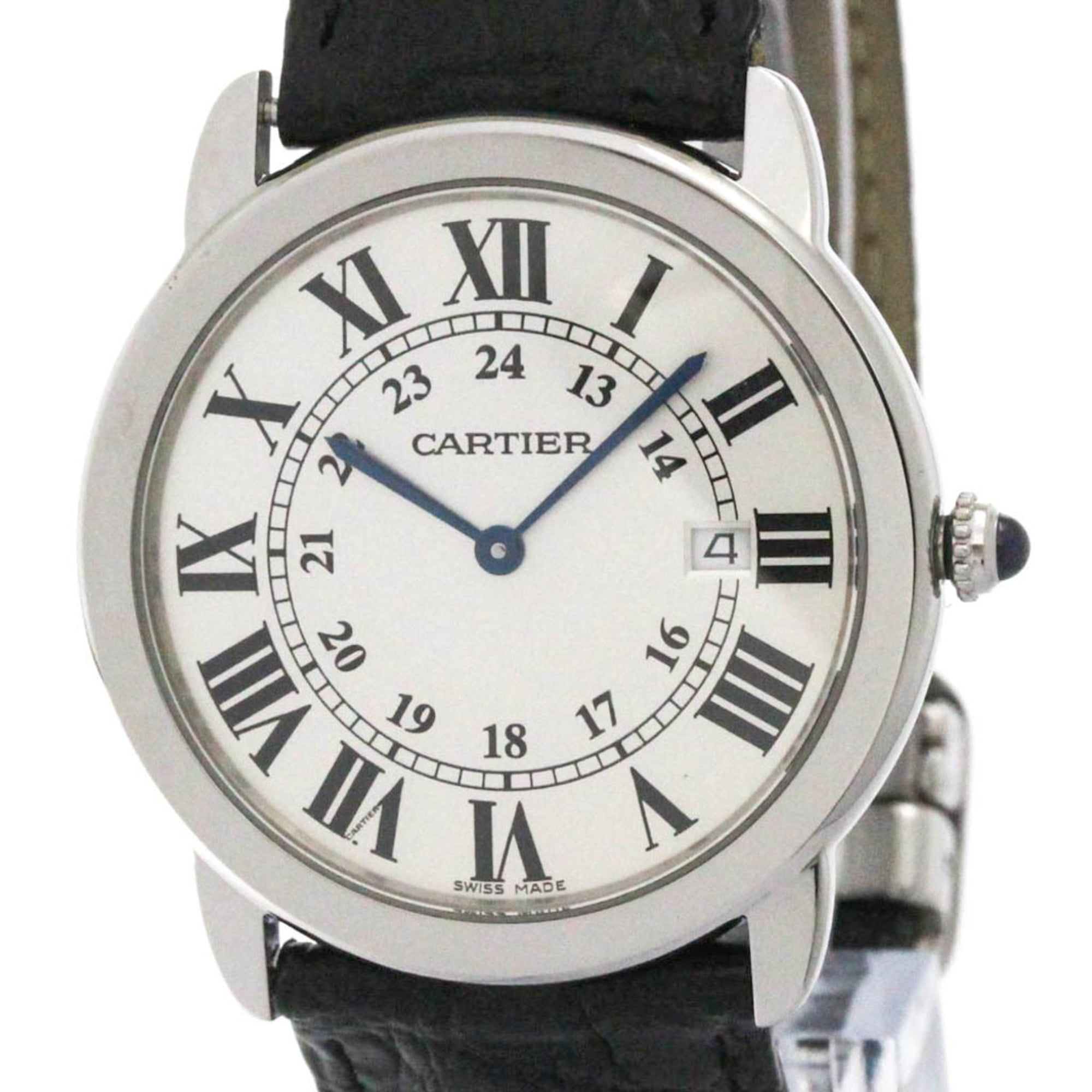 CARTIER Ronde Solo LM Steel Leather Quartz Mens Watch W6700255 Polished