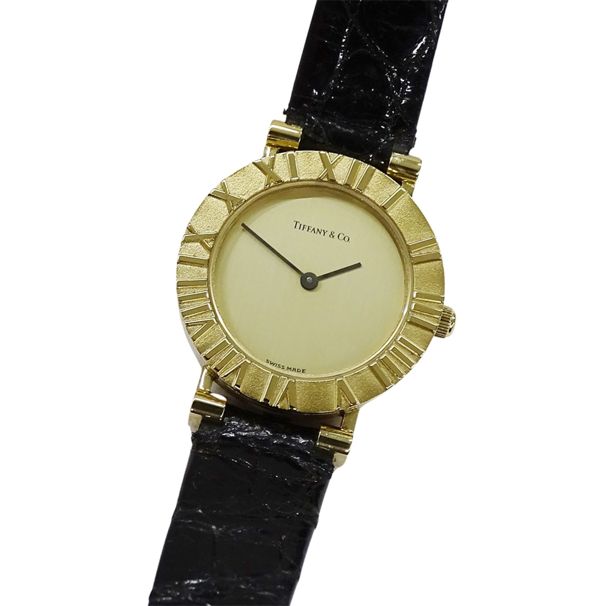 Tiffany & Co. Women's Atlas Quartz Watch, QZ 750YG, 18K Gold, Black Leather, Polished, L0630