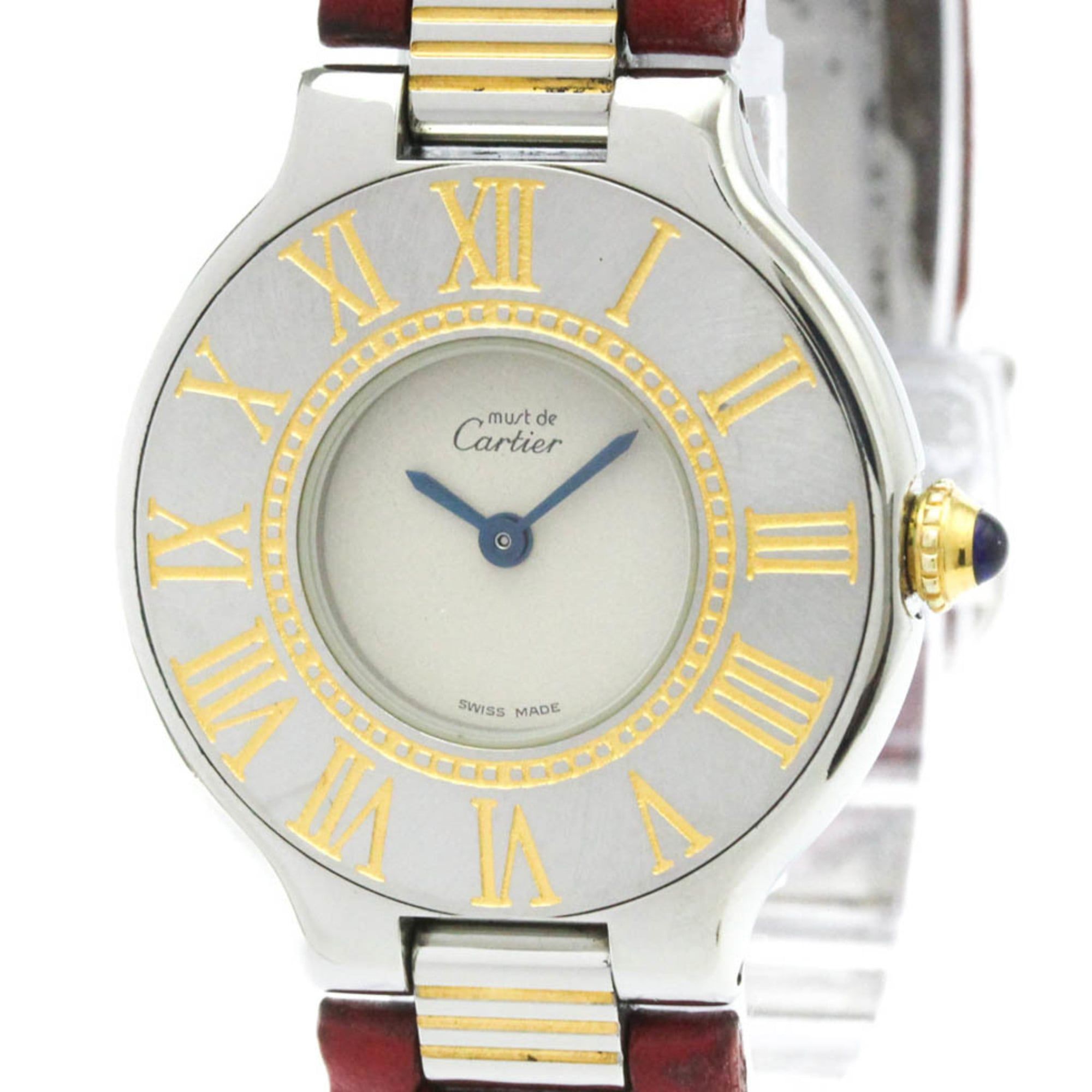 CARTIER Must 21 Gold Plated Steel Leather Quartz Ladies Watch Polished