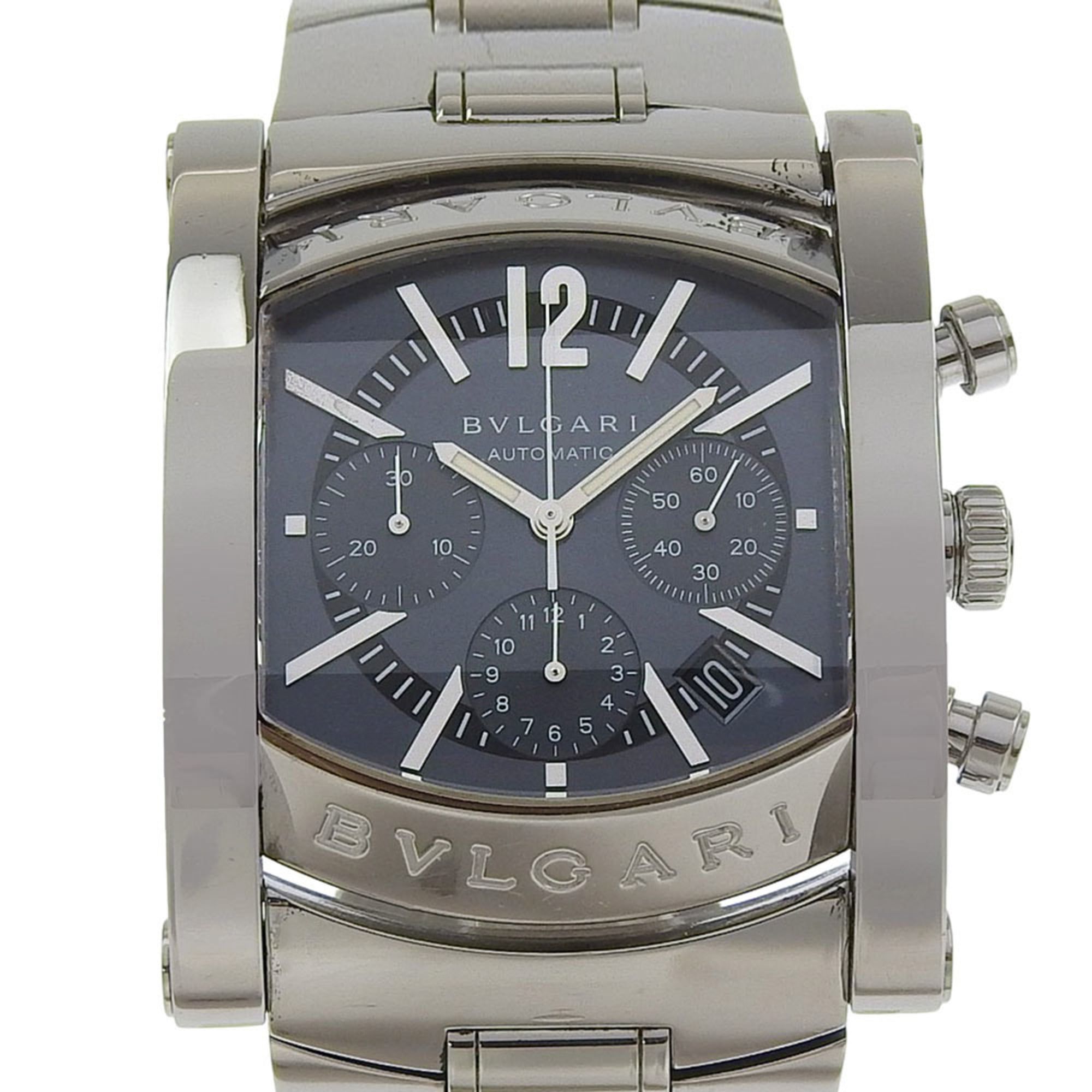 Bvlgari Assioma Men's Watch AA48SCH Stainless Steel Silver Automatic Chronograph with Black Dial