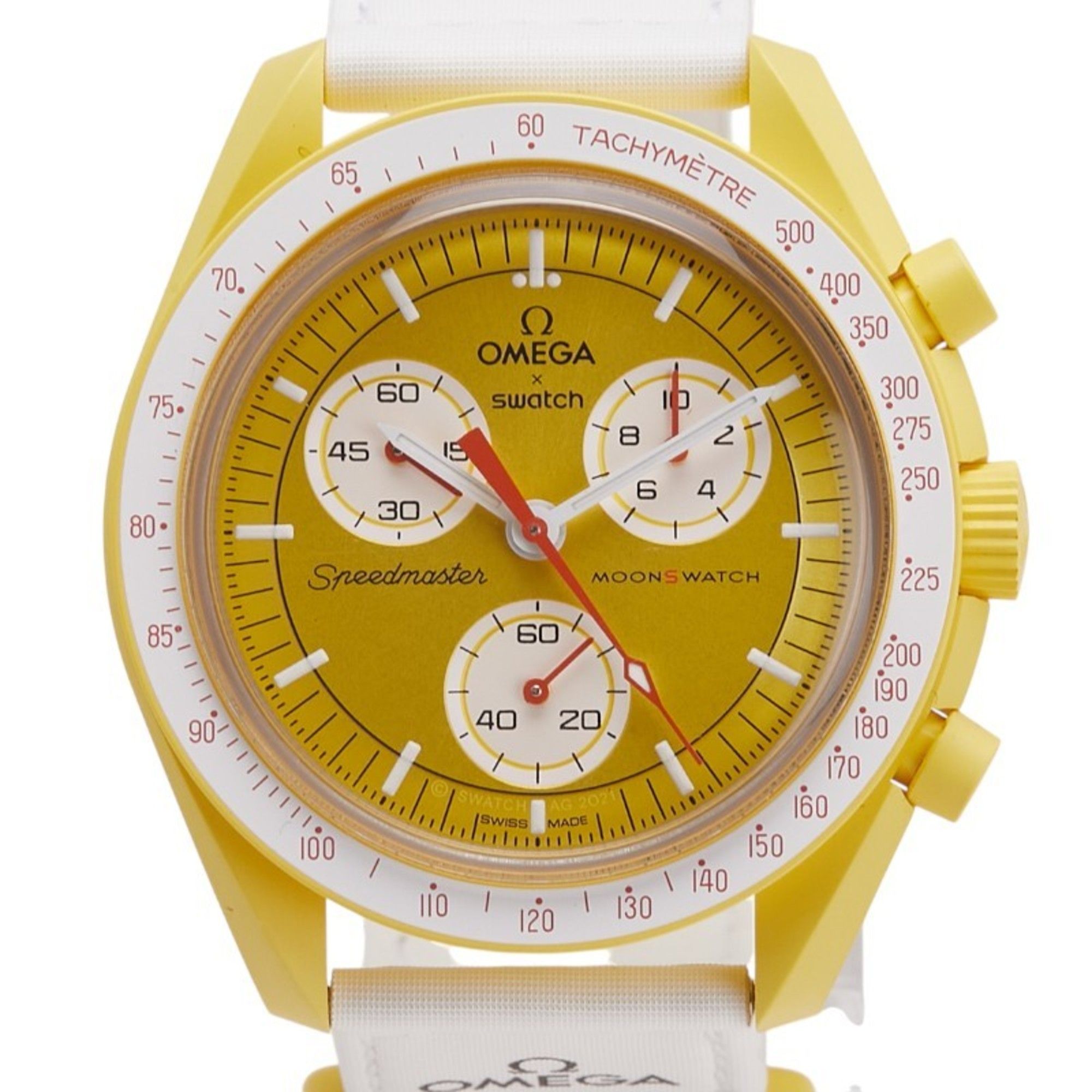 OMEGA x Swatch Speedmaster Moon Mission to the Sun Watch SO33J100 Quartz Gold Dial Ceramic Nylon Men