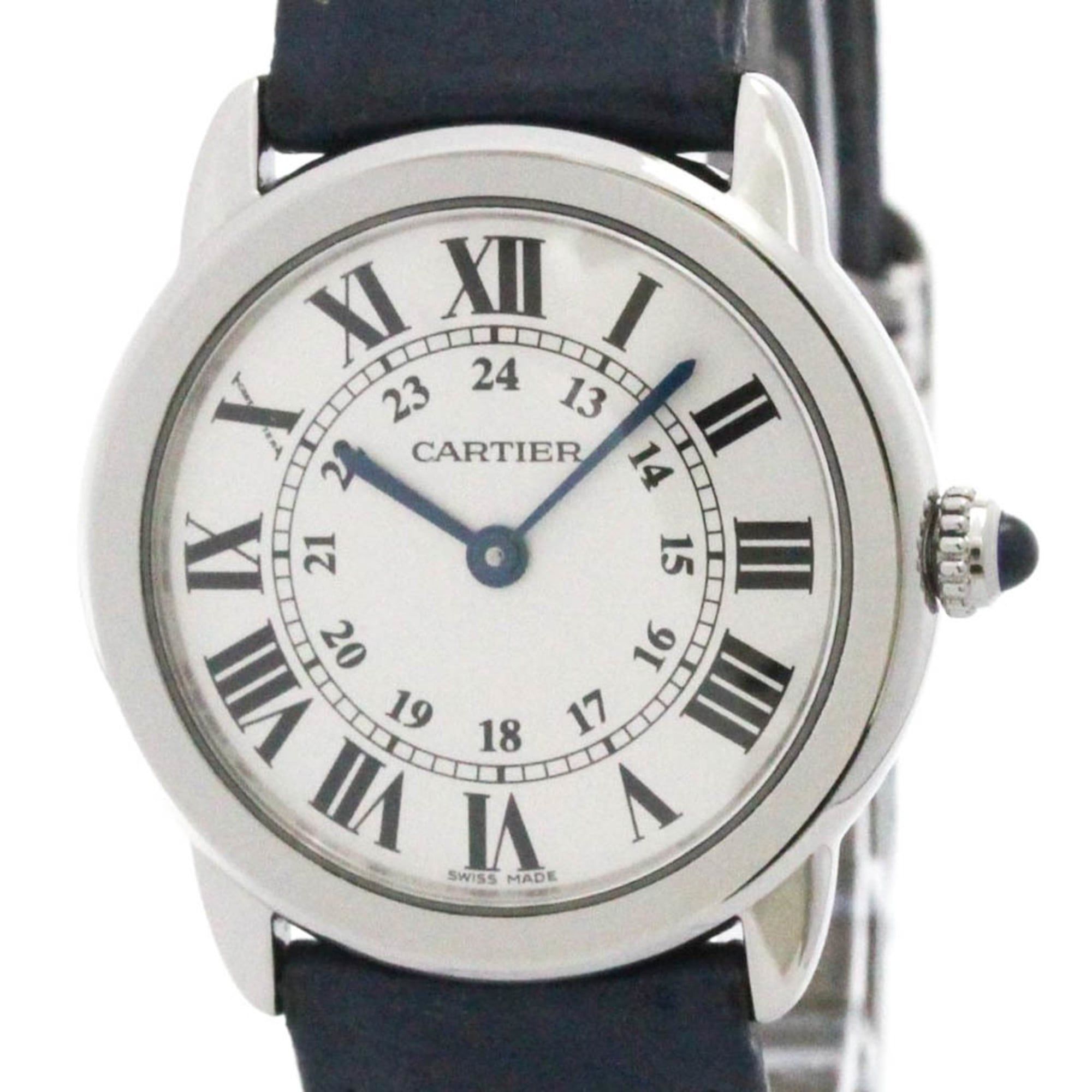 CARTIER Ronde Solo SM Steel Leather Quartz Ladies Watch WSRN0019 Polished