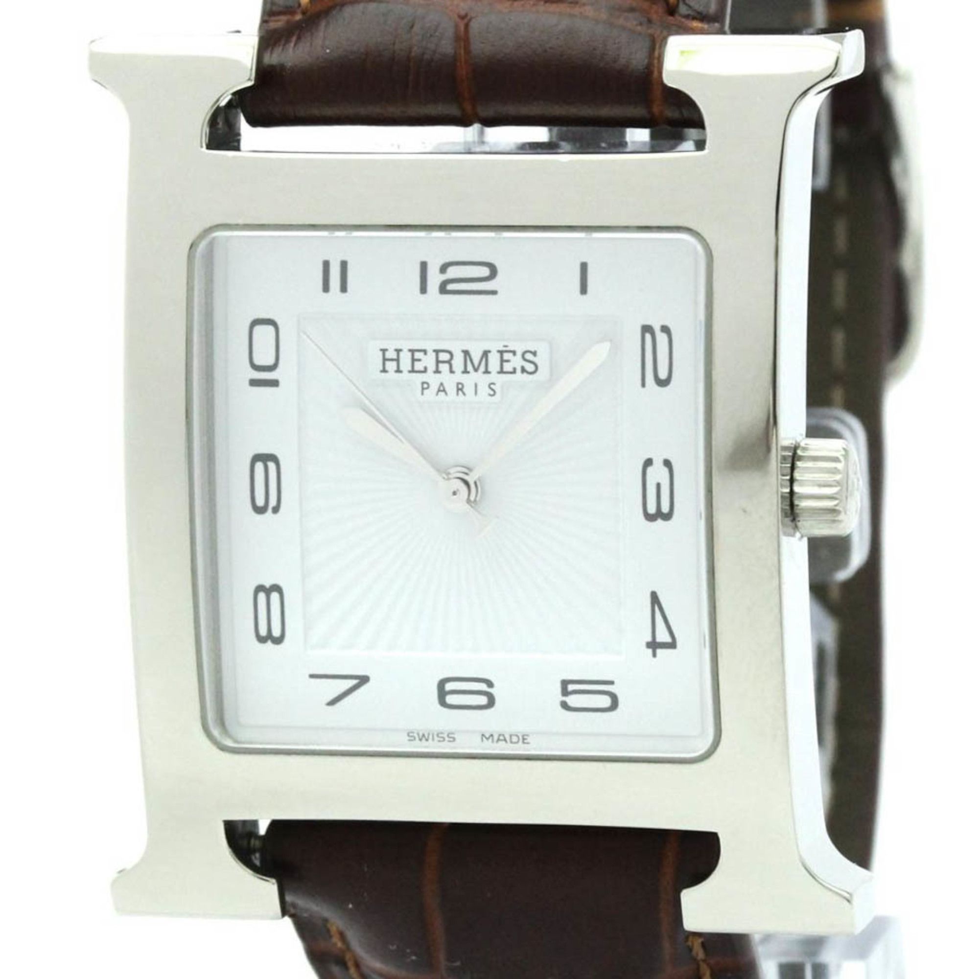HERMES H Wach Steel Leather Quartz Mens Watch HH1.810 Polished