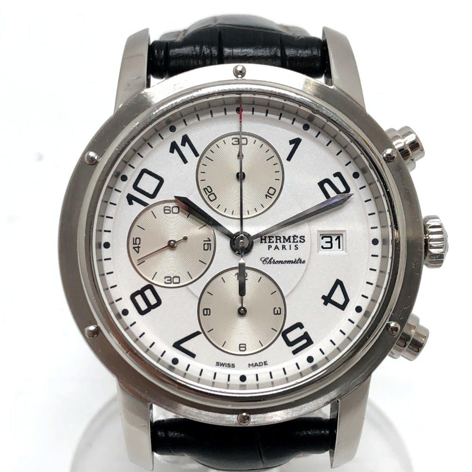 HERMES CP1.910 Clipper Chrono Automatic Chronograph Date Wristwatch Watch SS Men's Silver