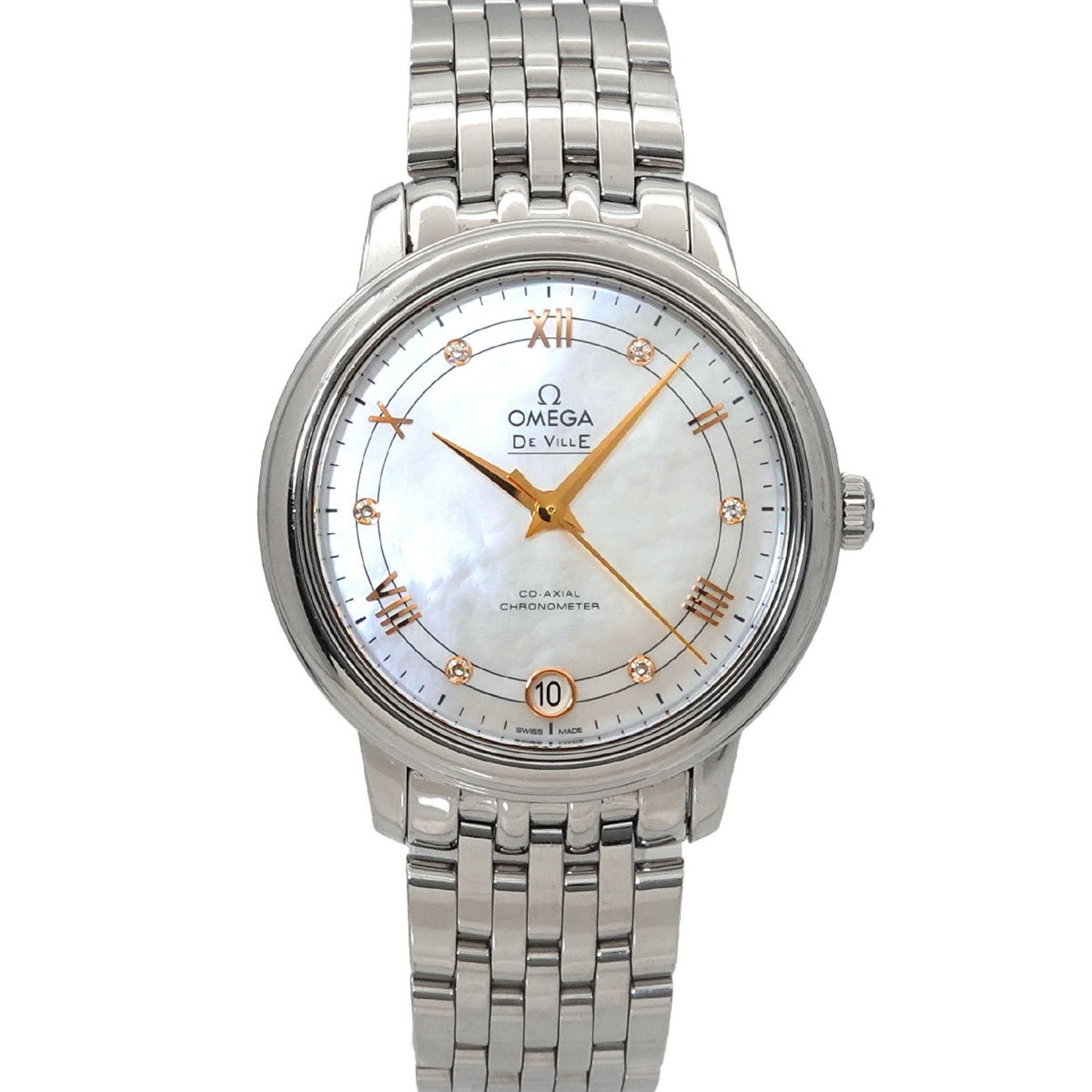 OMEGA DeVille Prestige 424 10 33 20 55 002 Women's Watch with Date Display, 6 Diamonds, White Shell,