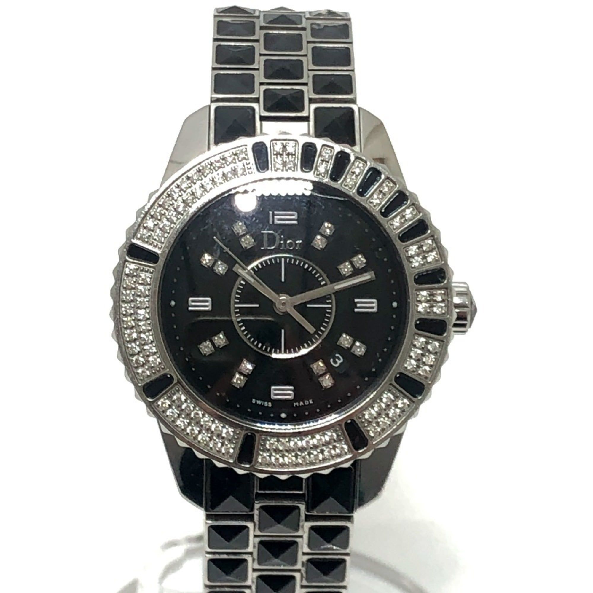 Dior CD113119 Crystal Diamond Bezel 16P Quartz Date Watch Round Face Stainless Steel Women's Silver