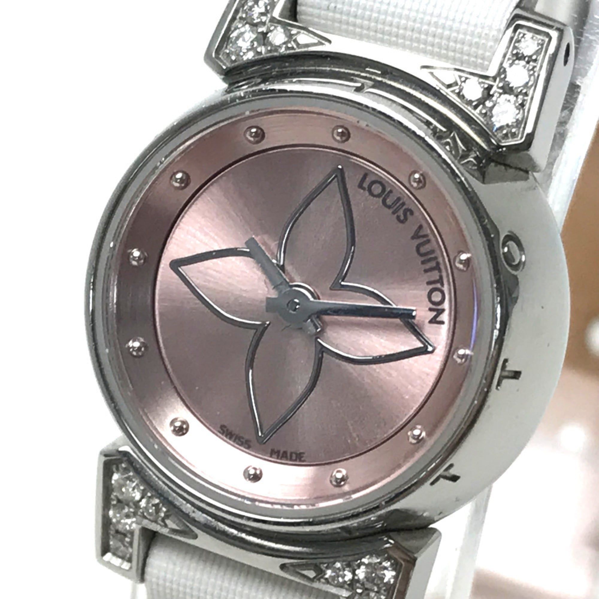 LOUIS VUITTON Q151P Diamond Lug Tambour Bejeweled Quartz Watch, Stainless Steel, Women's, Pink