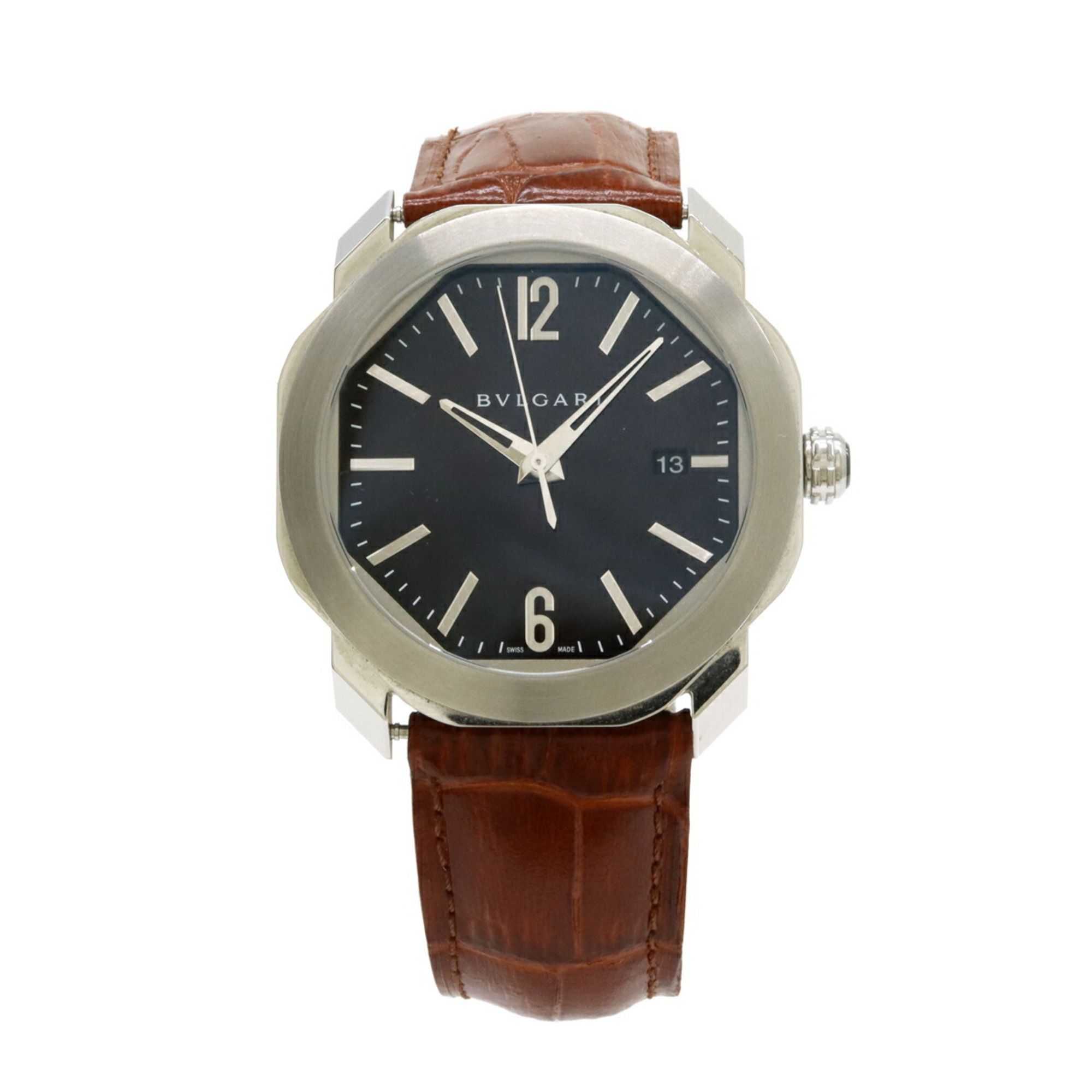 BVLGARI Octo Date Black Dial Stainless Steel Leather Strap Men's AT Automatic Watch OC41S