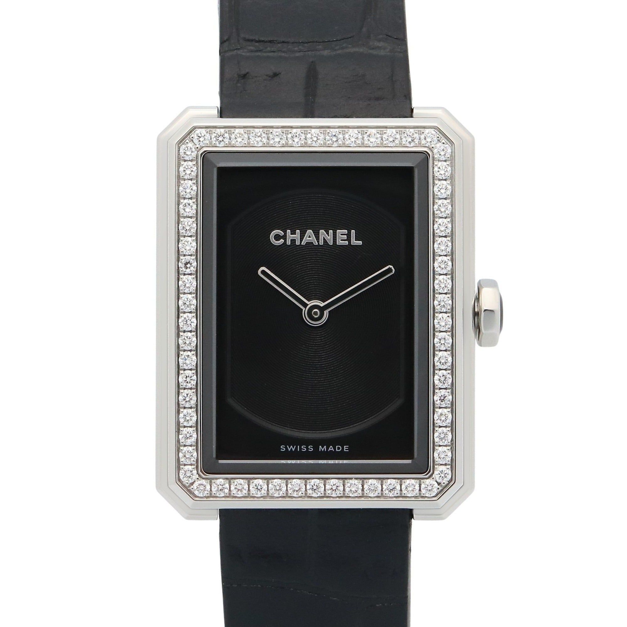 CHANEL Boyfriend Watch, Stainless Steel with Diamonds and Leather Strap, Black, Women's, H6586