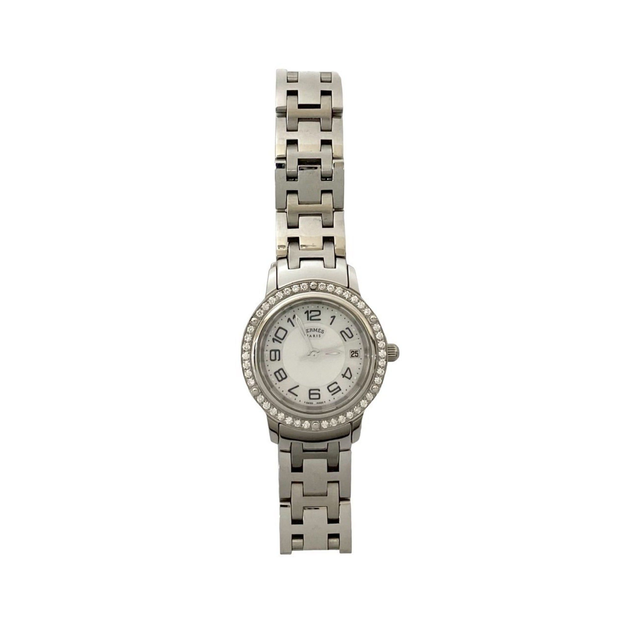 HERMES Clipper Diamond Bezel Quartz Stainless Steel Watch for Women, Silver, 27524