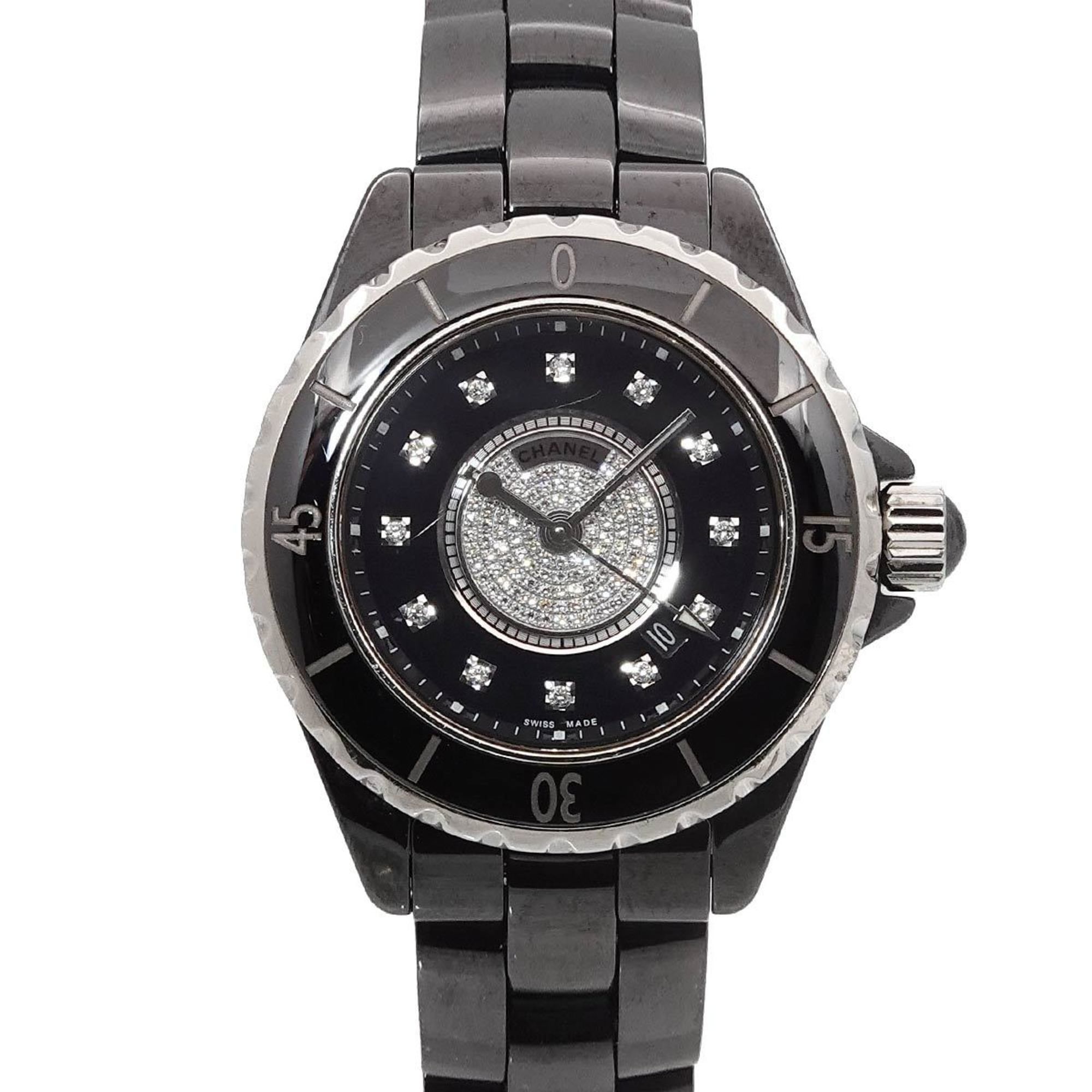 CHANEL J12 33mm H2122 Women's Watch with 12 Diamonds, Date Display, Black Ceramic, and Center Diamon