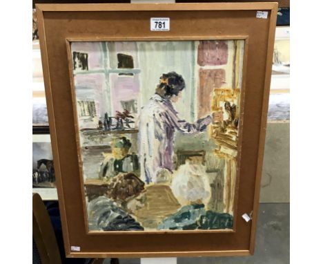 A framed 1970's British school oil on board, entitled 'The art class demonstration at the easel' signed S.F.R. '73