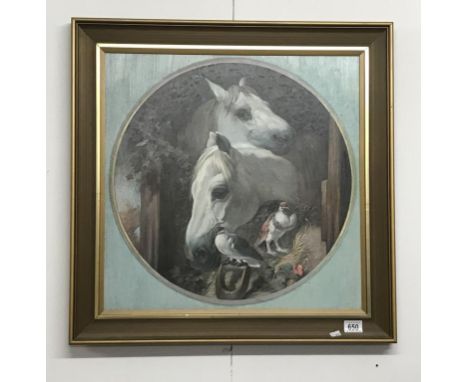 An over painted print of horse heads & pigeons. Image 54cm x 54cm