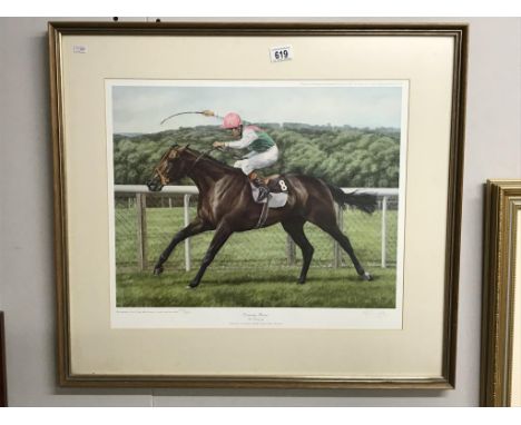 A framed & glazed limited edition print 445/500 'Dancing Brave' King George VI stakes, signed S.L. Wingate. Image 50cm x 39cm