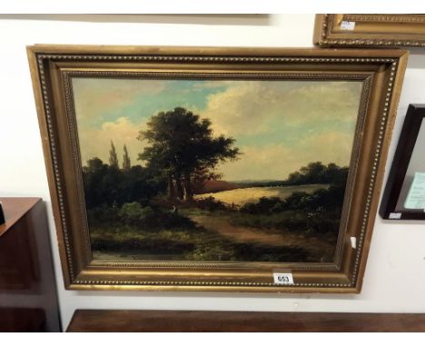 A 19th century British school oil on canvas by R. Percy of a figure on country track. Signed & in gilt frame. Image 49cm x 36