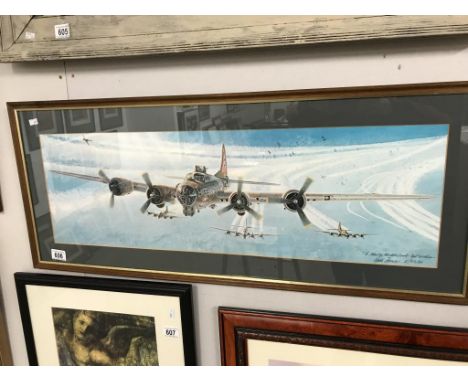 A framed & glazed print 'Fortress under fire' over Germany 1944. Signed by artist Keith Ferris. Image 25cm x 80cm