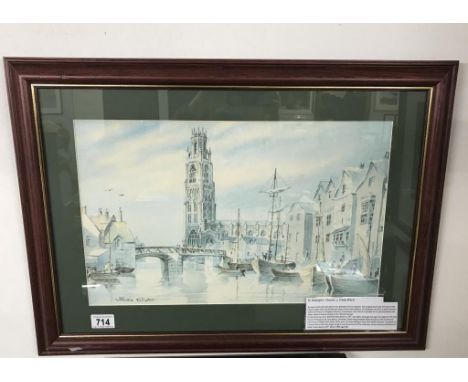 A framed & glazed print 'St Butolphs Church' by Freda Ward. Image 48cm x 30cm