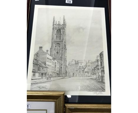 A framed & glazed limited edition print 11/300 'street scene with church' signed by the artist. Image 40cm x 48cm