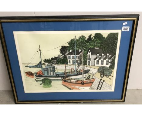 A framed & glazed lithograph of 'fishing boats' at mooring, signed by the artist Dennis Paul Noyer. Image 56cm x 40cm