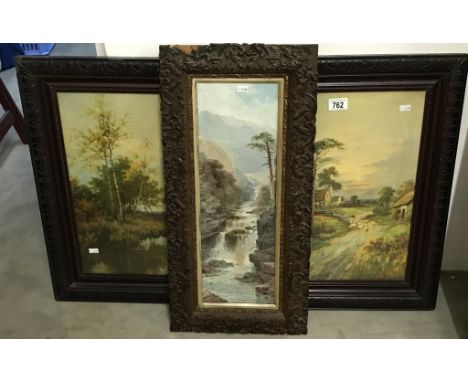 A pair of Edwardian rural prints in ornate wood frames & a print of a Welsh mountain stream