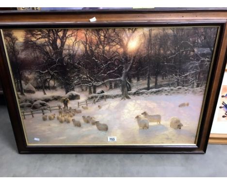 A large framed & glazed print 'sheep in winter field'. Image 75cm x 49cm