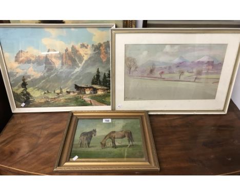 A framed & glazed pastel landscape signed R.M. Campbell 1950, an 'Alps' print signed & an 'equestrian' study oil on board 'ho