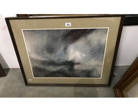 A framed & glazed print 'ship in stormy seas'. Image 60cm x 45cm
