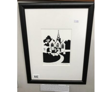 A framed & glazed limited edition screen print 10/150 'St Mary's Church' Tenby by Ian Mcdonald. Image 15cm x 19.5cm