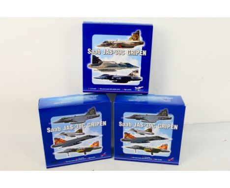 Herpa - Three diecast 1:72 scale diecast Czech Air Force Saab JAS-39C Gripen aircraft models from Herpa. Lot consists of 82ML