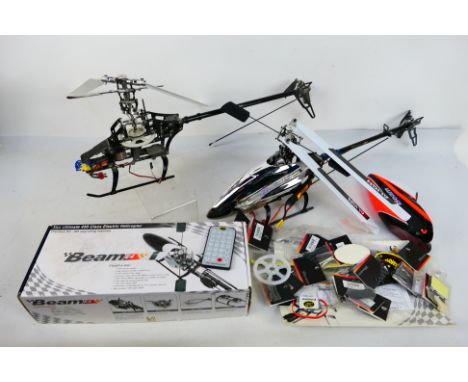 Beam - Two unboxed Beam 450 Class radio controlled helicopters, plus some spare parts contained in a Beam Helicopter box. Ite
