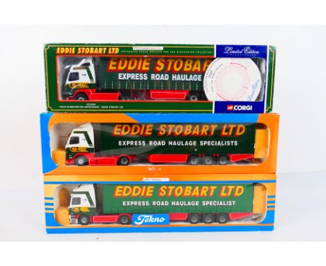 Corgi - Tekno - Eddie Stobart - 3 x trucks in 1:50 scale, limited edition Volvo Globetrotter Curtainside number 2110 of 5200 