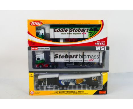 WSI - Norscot - Joal - 3 x boxed trucks in 1:50 scale a Peterbilt 379 in CAT livery, appears Mint in a damaged box and a WSI 