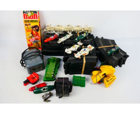 Scalextric - Palitoy - Action Man - A collection of Scalextric items including track, power controller, 6 x cars including Fe