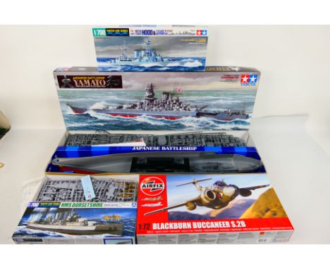 Tamiya - Aoshima - Airfix - 4 x boxed models kits, Battleship Yamato in 1:350 scale, Battle Cruiser Hood in 1:700 scale, HMS 