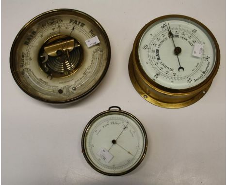 An aneroid barometer thermometer by Bailey, Birmingham and another two smaller similar barometers, Diameter 20, 17 and 12cm&n