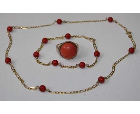 A coral station necklace and bracelet with Russian stamps for 14k gold (gross 8.7g), plus a coral ring, size S, gross 8.6g, R