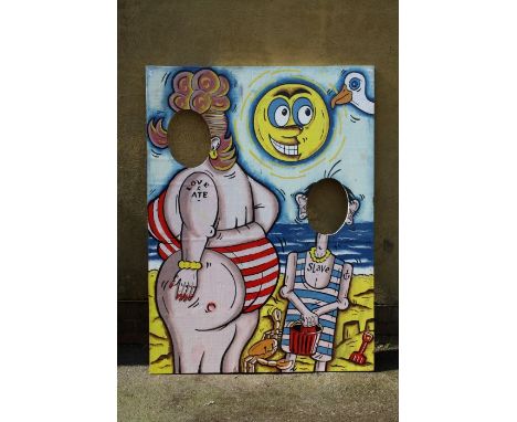 Fairground interest. A large seaside amusement hand painted panel with two oval cut out holes for heads to poke through, 47 x