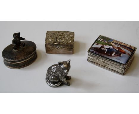 A collection of three silver boxes, one enamel printed picture of an early 20th century motor race. Hallmarked London, 3.5 x 